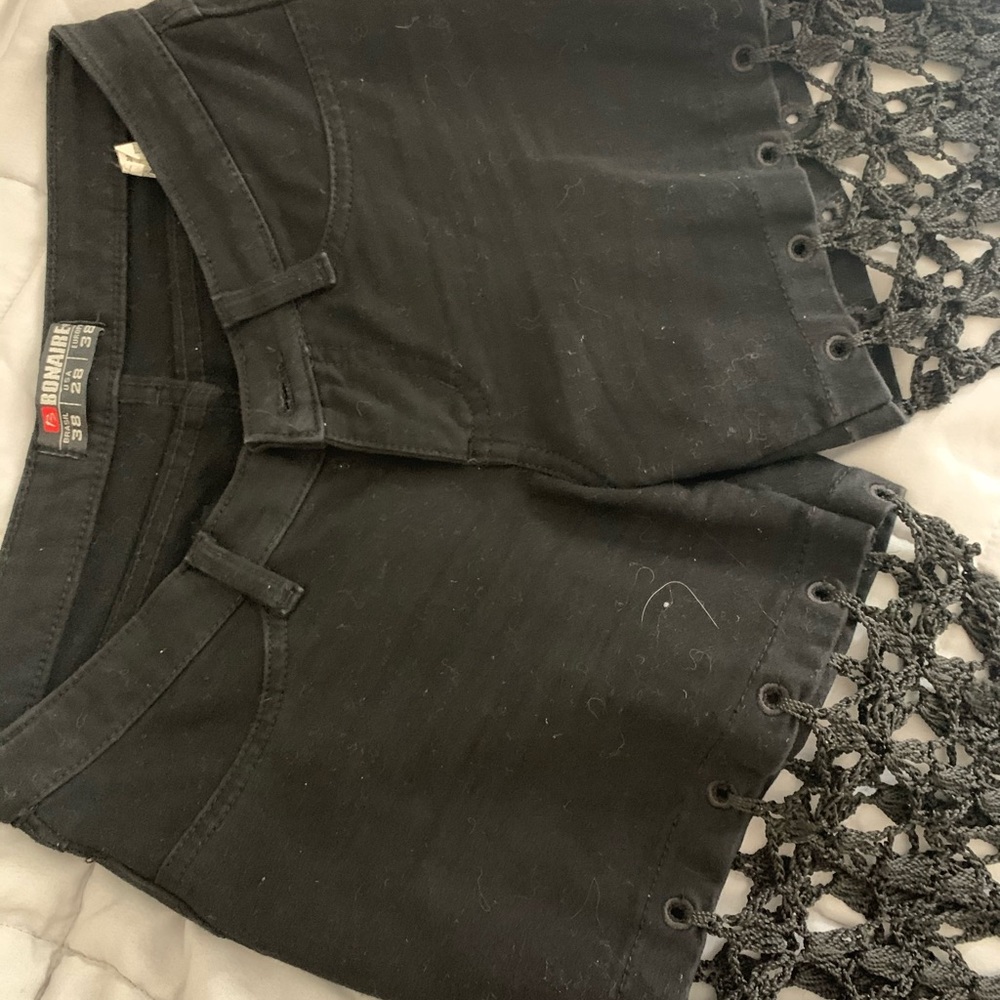 Black denim & macrame shorts/pants.
